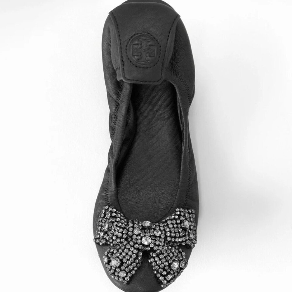 Tory Burch Eddie Bow Ballet Flats Black Leather Crystal‎ – Women’s